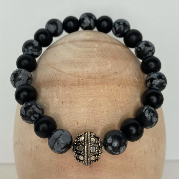💰 𝕊 𝕠 𝕝 𝕕 💰 Onyx & Snowflake Obsidian Gemstone Stacking Stretchy Bracelet - Picture 9 of 12